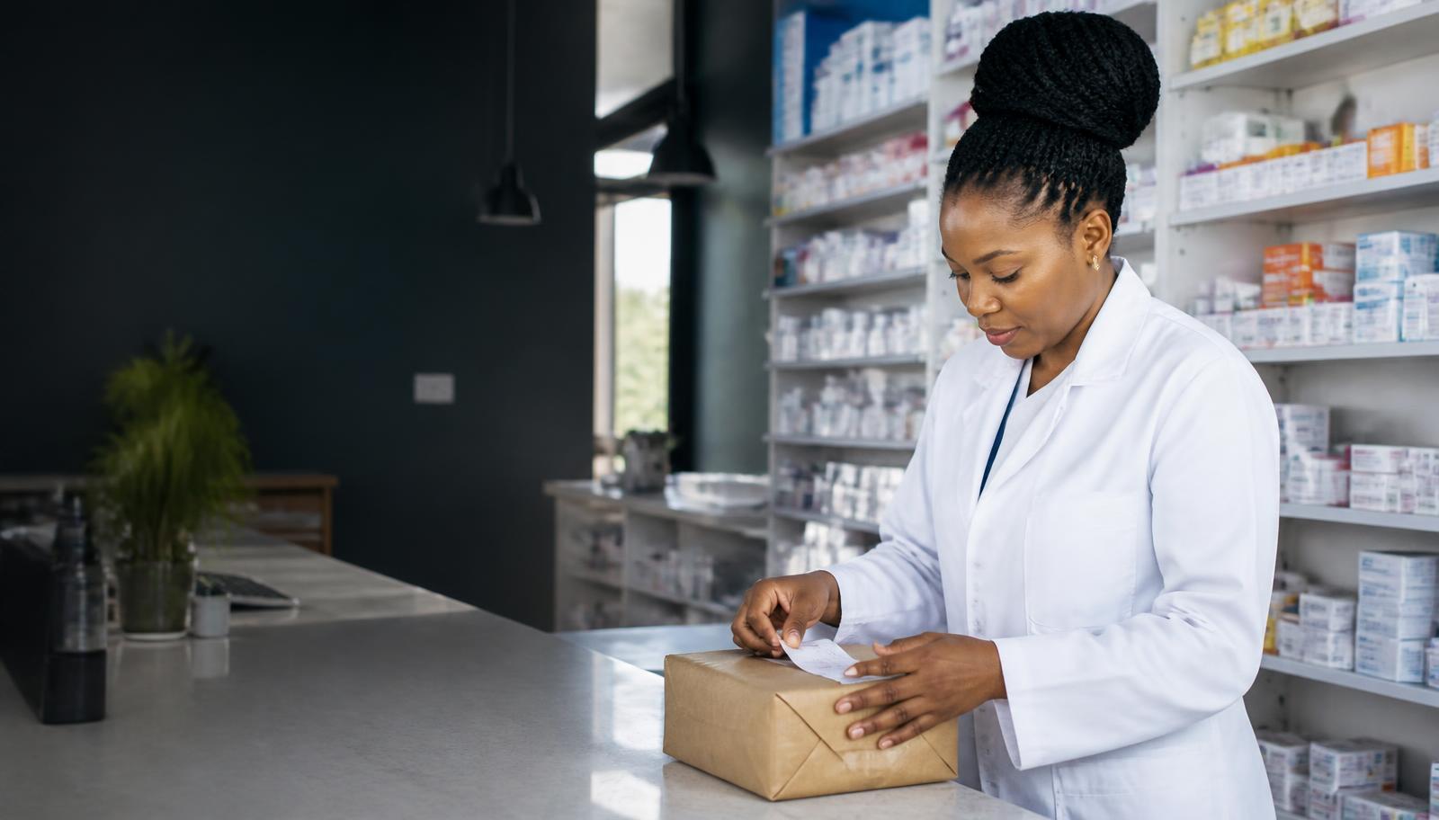 A licensed Ghanaian pharmacist sealing a prescription medicine parcel