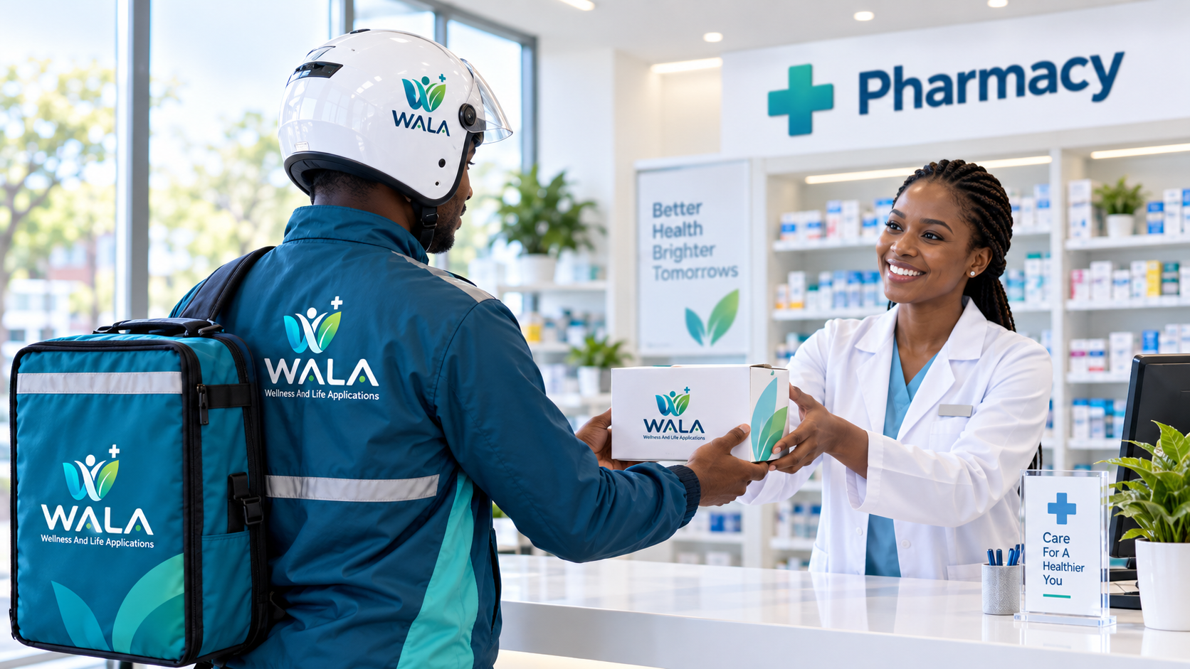 WALA rider collecting a sealed medicine parcel from a pharmacist at a licensed pharmacy counter